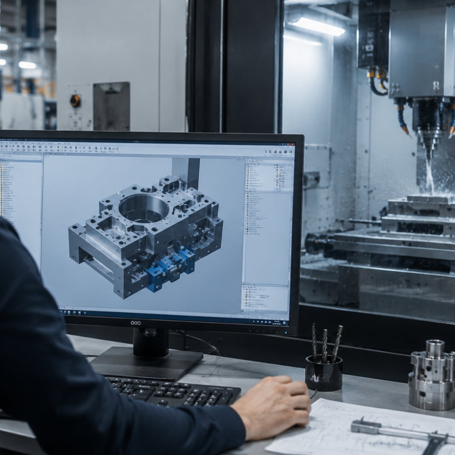 Operatore che programma una lavorazione CNC con software CAD-CAM davanti al centro di lavoro