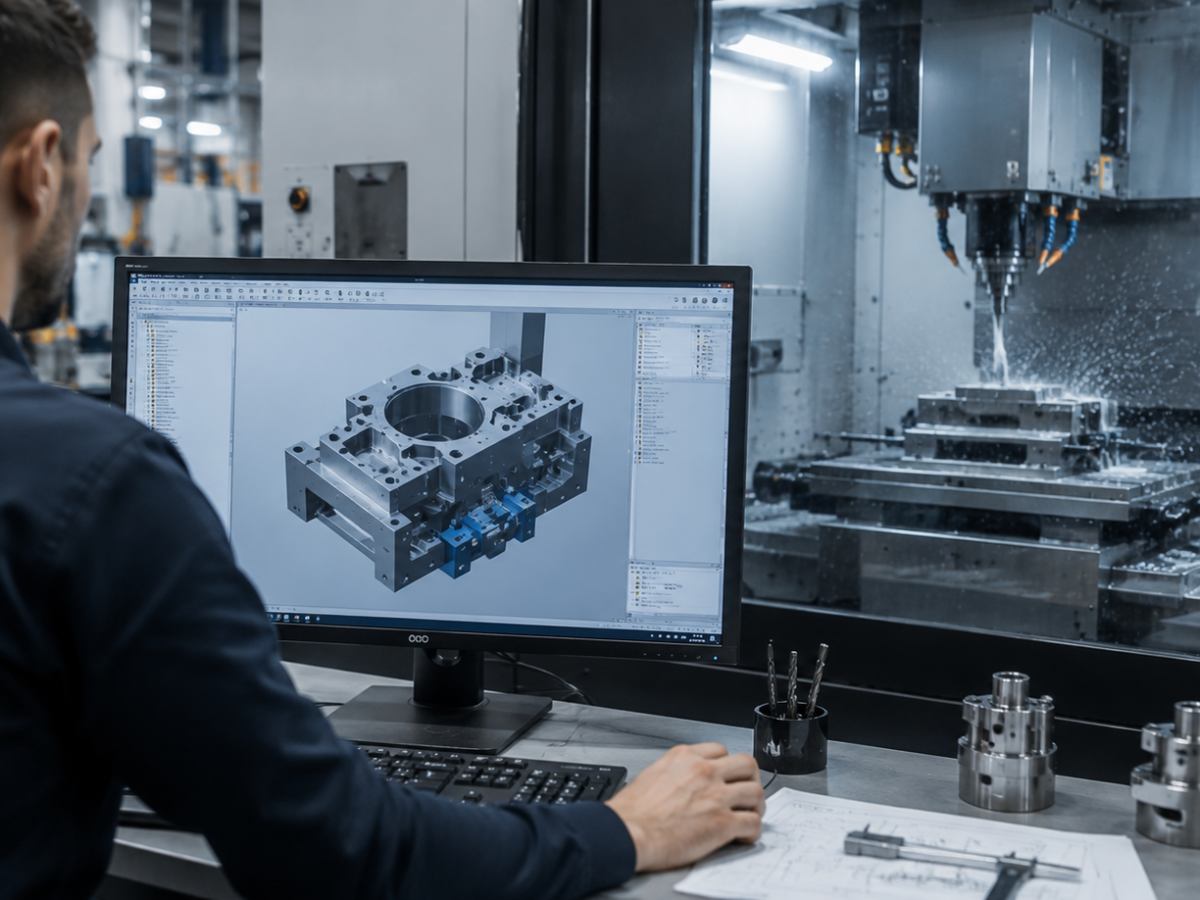 Operatore che programma una lavorazione CNC con software CAD-CAM davanti al centro di lavoro
