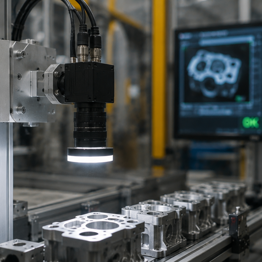 Telecamera di computer vision industriale che ispeziona componenti meccanici su una linea di produzione