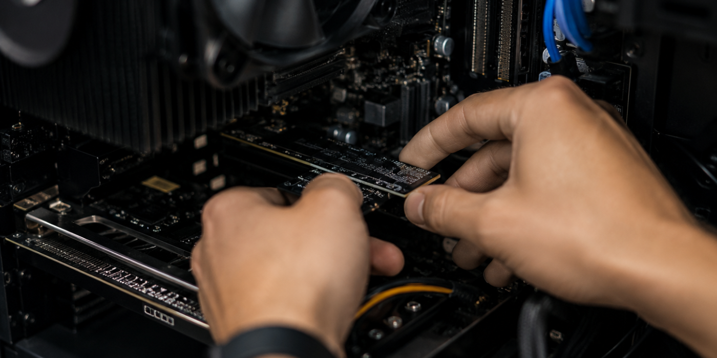 Tecnico che installa un componente hardware in una workstation per assistenza informatica